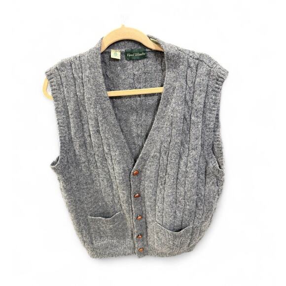 Vintage Four Winds Shetland 100% Wool Sweater Vest Gray XL Leather Buttons EUC - Picture 1 of 6